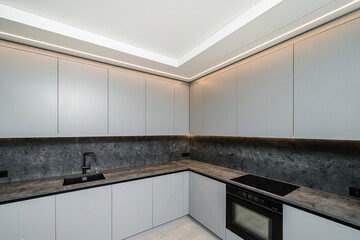 Modern luxury kitchen interior in minimal scandinavian style, 3d render
