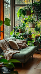 Sofa z dużą ilością poduszek i zielone rośliny © Silent26