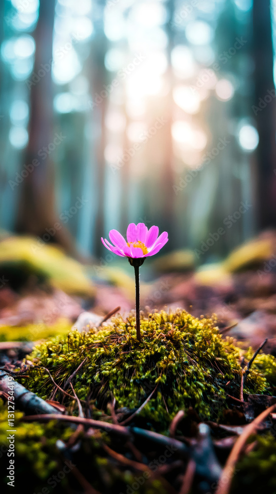 Poster purple flower growing from a patch of moss in a forest at sunset, creating a beautiful and serene na