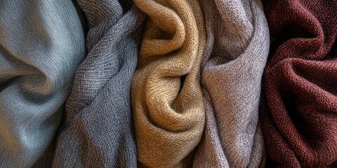 Colorful wool textures: soft blue, gray, beige, red knit fabrics display