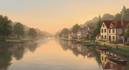 Fototapeta premium River Reflections: Dawn Over the Village - Serene dawn scene, river reflecting charming village houses, idyllic setting, peaceful atmosphere, tranquil waters. Symbolizes peace, tranquility, beauty