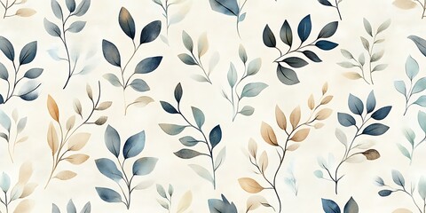 Watercolor-style seamless pattern of beige and blue leaves