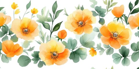 Seamless pattern of orange flowers and green leaves in watercolor style