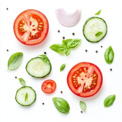Creative arrangement of fresh vegetables featuring tomato, cucumber, onion, and basil on a pristine white background. Generative AI