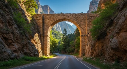 Fototapeta premium Scenic Road Through Mountain Canyon Arch Bridge - Journey through majestic mountains, a winding road, ancient stone arch bridge, vibrant greenery, and a clear blue sky. Symbolizing adventure