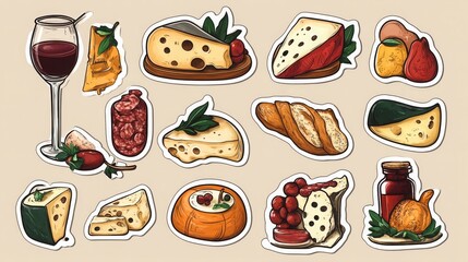 Retro-style cheese and food stickers featuring Gouda, Parmesan, wine, and baguettes. 