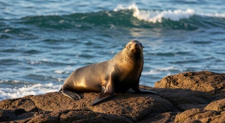 Fototapeta premium Seal on Rocky Coastline - A lone seal rests on dark rocks near the ocean, waves gently lapping in the background. Sunlight illuminates its fur