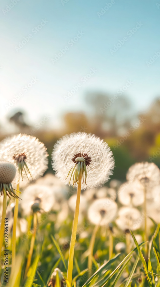 Aufkleber dandelion field filled with fluffy seedheads glowing in the warm sunset light, creating a tranquil n