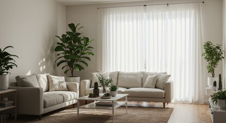 Serene Living Room with Sunlight and Greenery - Peaceful living room design, showcasing natural light, indoor plants, beige sofa, and light curtains. Symbolizing tranquility, nature, comfort