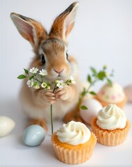 Sweet easter bunny holding flowers, cupcakes, eggs, concept spring and Easter
