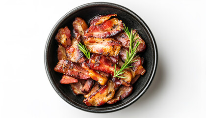 Slices of tasty fried bacon in bowl isolated on white, top view