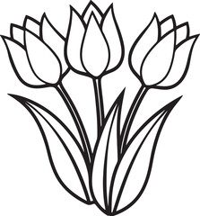 tulips line art, black outline, vector and illustration, coloring book page line art drawing
