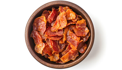 Slices of tasty fried bacon in bowl isolated on white, top view