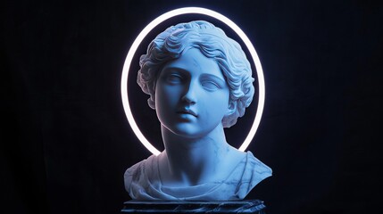 White marble classical head sculpture lit by a neon ring against a black background. 
