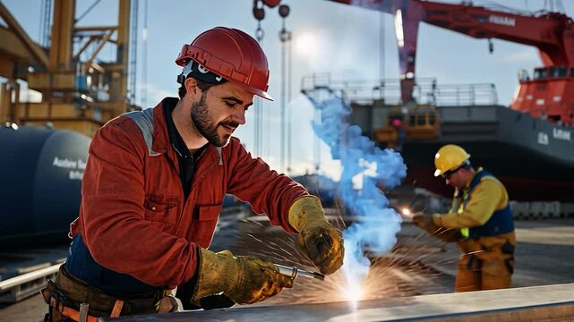 Skilled workers welding metal at a busy dockyard with cranes and ships in the background