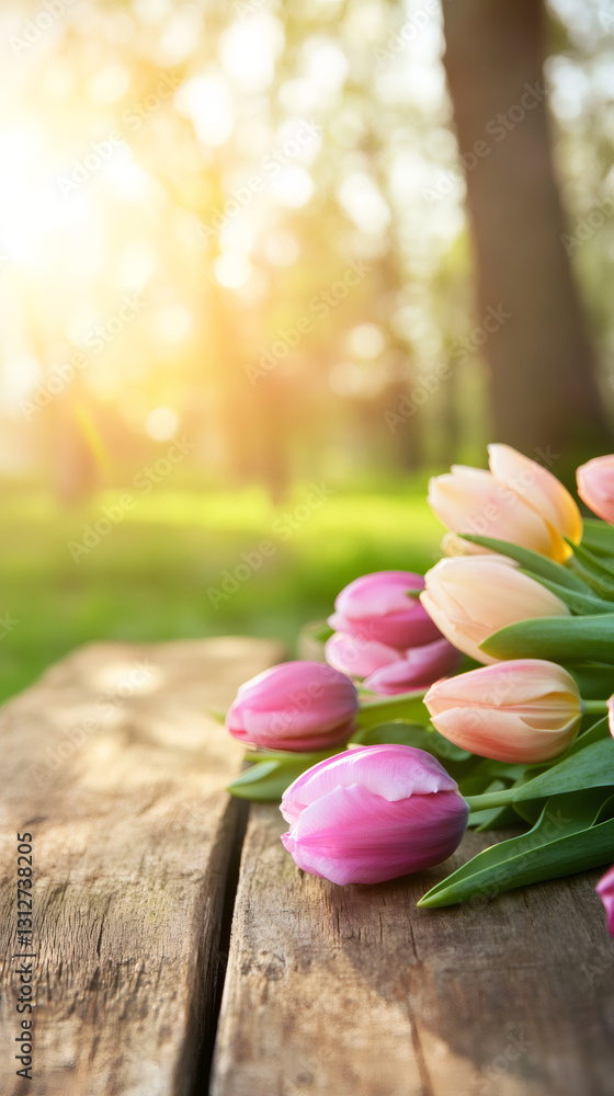 Poster pink and orange tulips are lying on a wooden table in a park, illuminated by warm sunlight filtering