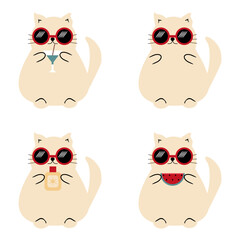 Nice cartoon fat funny cat in summer wearing sunglasses on holidays relax rest cute lovely animal 