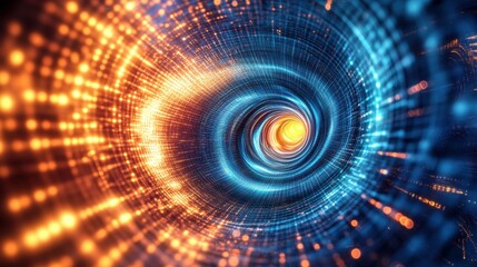 Obraz premium A captivating tunnel filled with bright blue and orange lights gives the impression of rapid movement through a futuristic digital space. The design showcases intricate patterns and a glowing center.