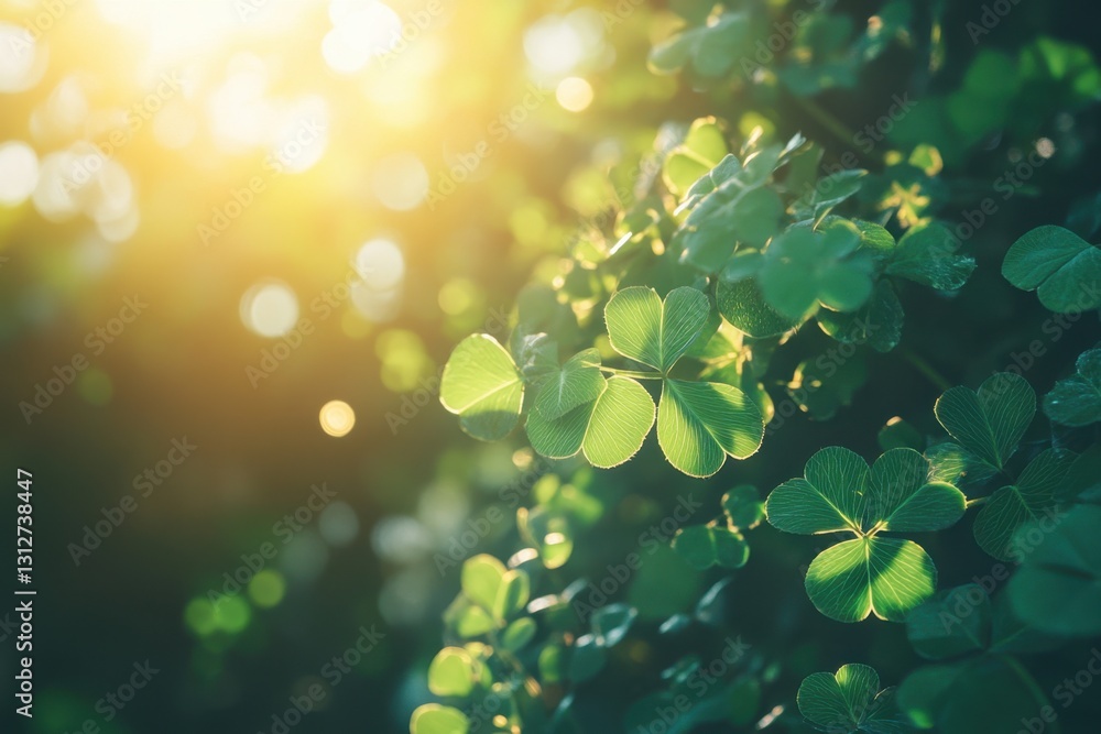 Poster a four-leaf clover with sunlight shining on it, creating an atmosphere of good luck and serenity for