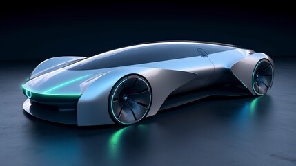 Futuristic Silver Car with Neon Lights and Large Wheels
