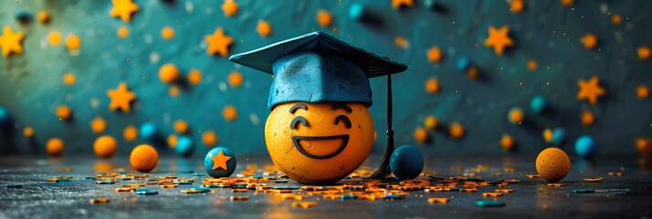 Clean bubble comic style graduation cap round friendly shape smiling face surrounded by stars and fun details that evoke celebration and a sense of playfulness leaving room for design flexibility