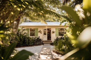 Fototapeta premium charming coastal house with pastel turquoise shutters and white wooden siding, nestled among lush palm trees