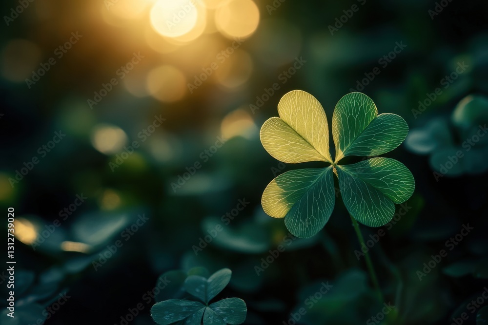 Poster a four-leaf clover is placed in the foreground, with sunlight shining on it and green leaves the bac