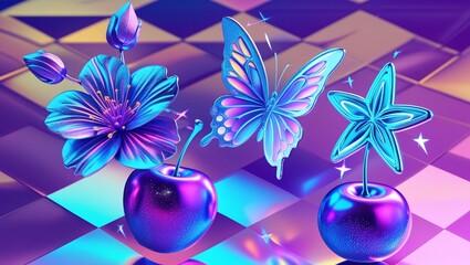 Holographic y2k spring and summer emoji set. Flower, butterfly, cherry and stars three dimensional metallic blue and purple vector elements on gradient checkered background.
