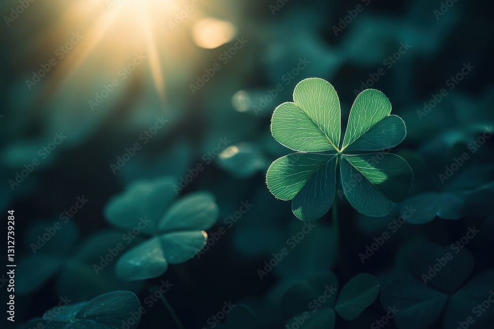 Poster a four-leaf clover is placed in the foreground, with sunlight shining on it and green leaves the bac