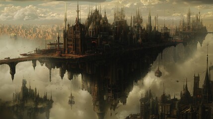 Obraz premium Floating Steampunk City Above the Clouds