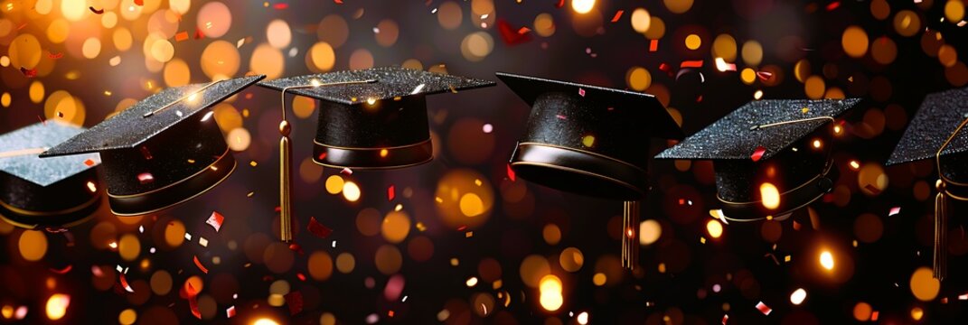 Floating confetti animation congratulations graduation small colorful confetti pieces softly falling around caps diplomas creating a festive and lighthearted feel providing space for customization