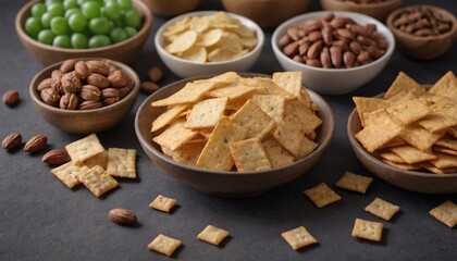Fototapeta premium Gourmet Snack Board with Artisanal Crackers, Spiced Nuts, and Air-Fried Chips | Healthy Snacking & Entertaining
