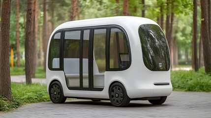 Fototapeta premium White Autonomous Shuttle in a Green Park Setting
