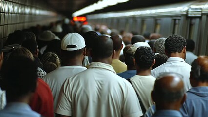 Rush Hour Passengers Board a Crowded Subway Train