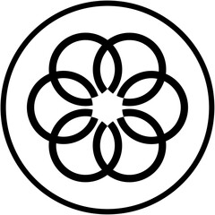 Geometric design of interlocking circles arranged in floral pattern inside larger circle, creating symmetrical and visually balanced image with isolated background.
