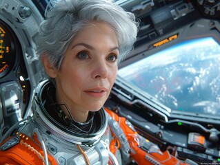 Woman in an orange spacesuit inside a spaceship with control panels in the background.