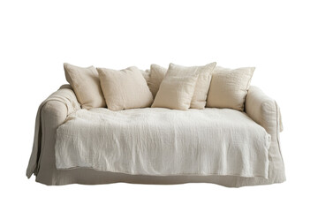 Cozy white couch with soft pillows displayed in a bright space, perfect for relaxing or socializing with friends