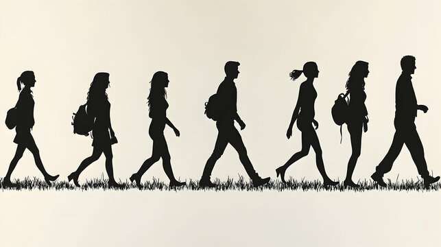 Silhouettes of people walking in a grassy field