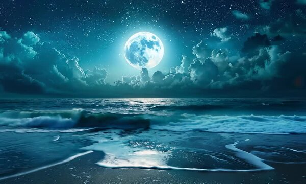 Clouds and the super moon over the ocean at night