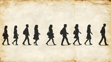 Silhouettes of people walking in a row on aged paper