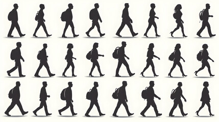 Silhouettes of people walking with backpacks.