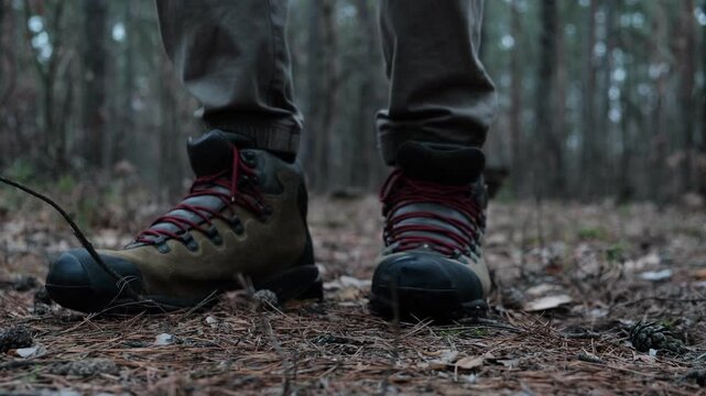  Hiking in forest. Tourist shoes in forest park. Adventure tourist on vacation. Legs of tourist in forest park. Trekking