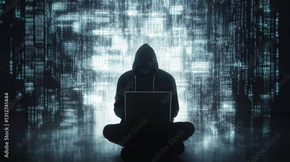 Poster mysterious figure in a hoodie working on a laptop in a dark, digital environment with glowing code