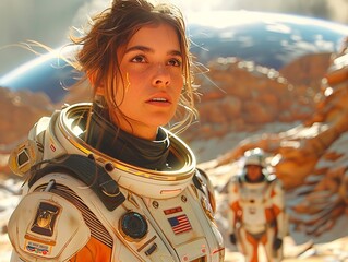 girl in a high-tech spacesuit looking at the rocky planet landscape.