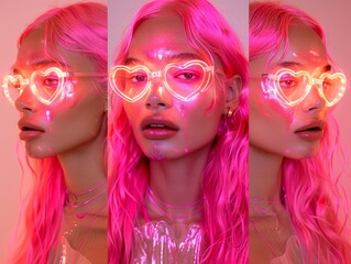 Obraz premium Three images of a girl with pink hair wearing glowing heart-shaped glasses and glitter on her skin.