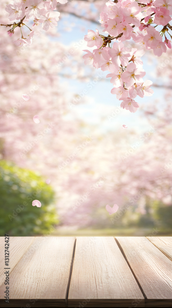 Poster wooden table surface with blurred cherry blossoms falling softly, creating pastel spring background