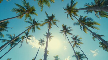 Obraz premium Tropical Paradise: A Low-Angle View of Majestic Palm Trees Reaching for a Bright Sunny Sky
