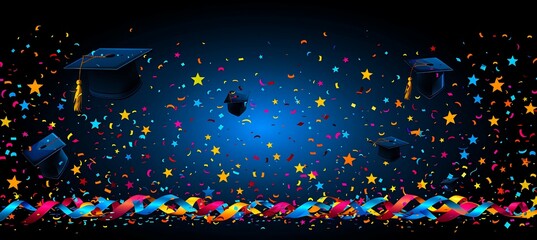 Minimal ribbon stars cascading around graduation celebration using clean lines and simple shapes to convey achievement and happiness providing space for further decorative themes