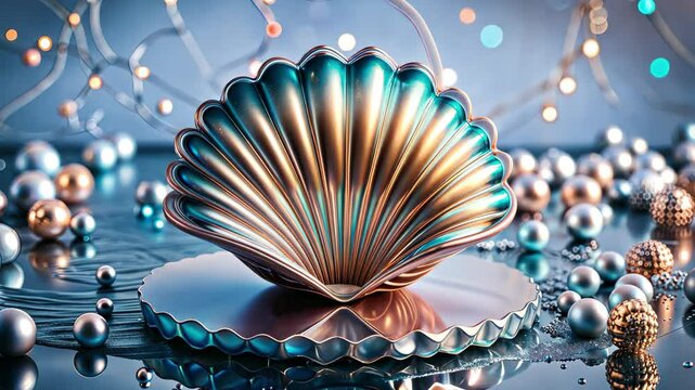 A podium in the form of a metal shell on the background of a shining garland, for displaying goods, festive decorations and advertising banners