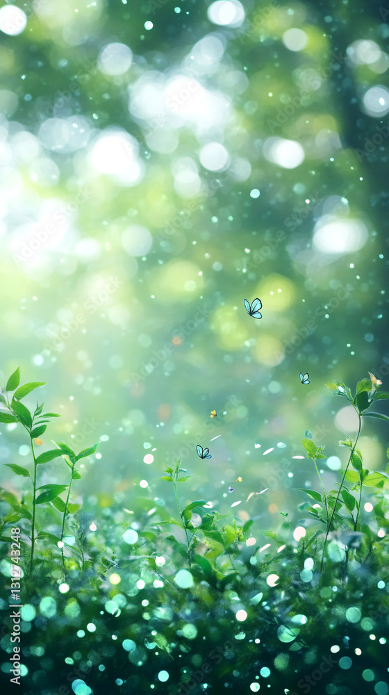 Poster butterflies are flying over magical green plants in an enchanting forest with bokeh and glittering p